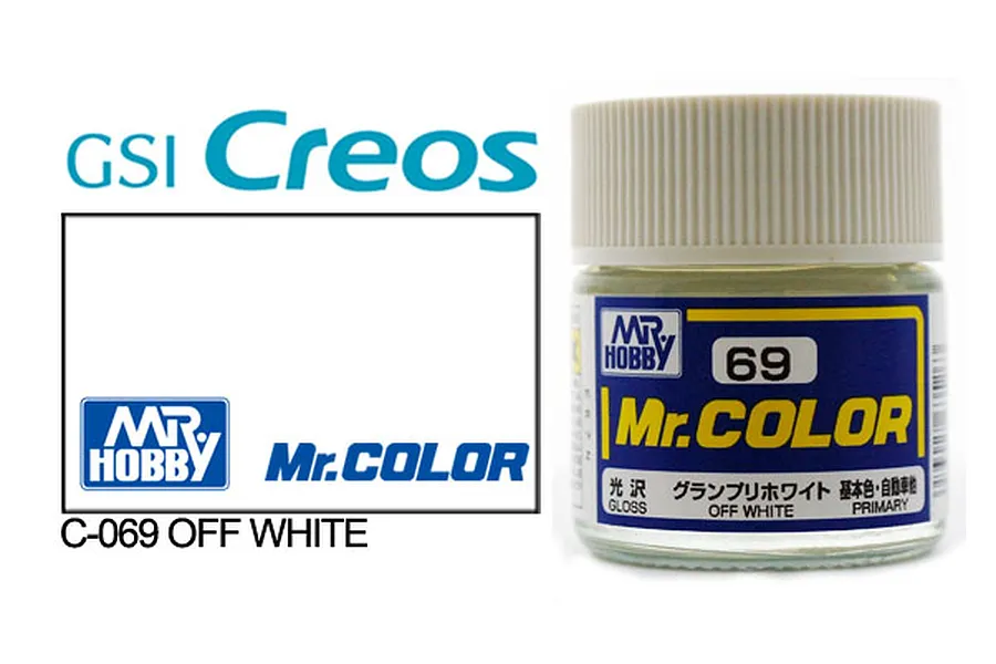 A 10ml jar of Mr. Color Off White Gloss paint by GSI Creos, showing the product label and branding.
