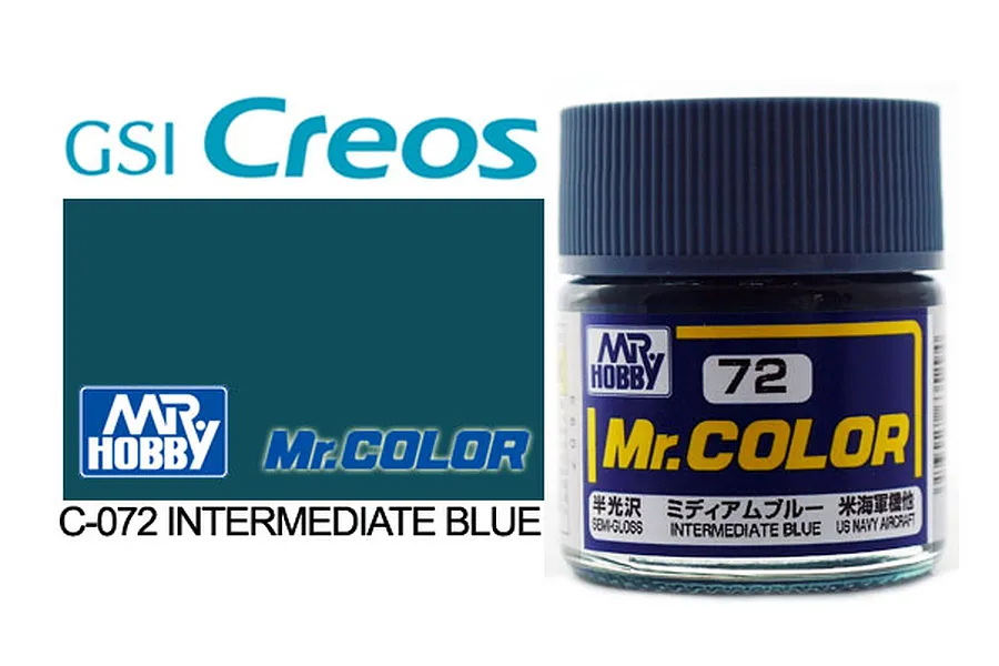 A jar of Mr. Color Intermediate Blue semi-gloss acrylic paint, model C72, shown next to a color swatch and GSI Creos branding.