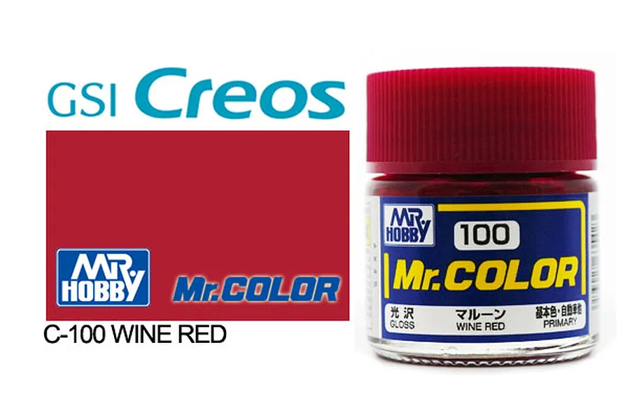 A 10ml jar of Mr. Color Wine Red gloss acrylic paint by Mr. Hobby, featuring a red cap and a label with the product name and code C-100.