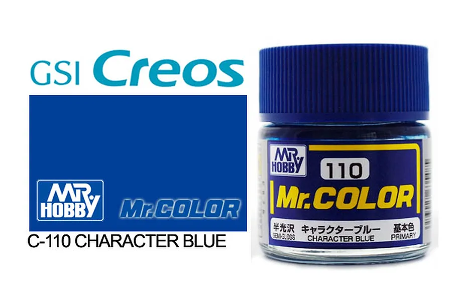A 10ml jar of Mr. Color Character Blue semi-gloss acrylic paint by Mr. Hobby, featuring a blue cap and a label with the number 110.