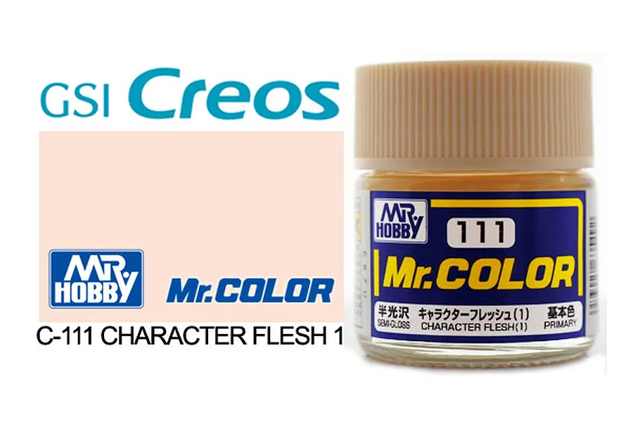 A 10ml glass jar of Mr. Color Character Flesh 1 semi-gloss acrylic paint by Mr. Hobby, featuring a tan lid and blue label.