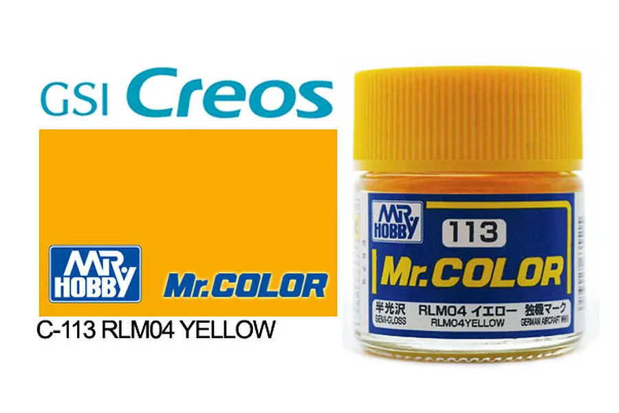 A 10ml jar of Mr. Color RLM04 Yellow semi-gloss acrylic paint by GSI Creos, shown next to a yellow color swatch and branding.