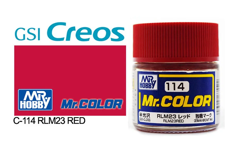 A 10ml jar of Mr. Color RLM23 Red semi-gloss acrylic paint with a red cap, shown next to a GSI Creos Mr. Color brand logo and color swatch.