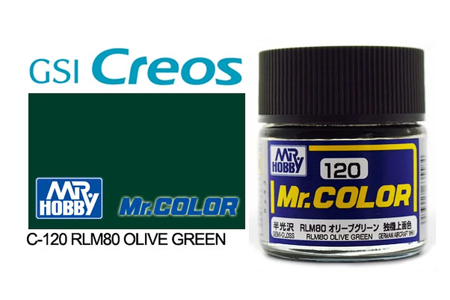 A bottle of Mr. Color RLM80 Olive Green semi-gloss acrylic paint, showing the product label and a color swatch.