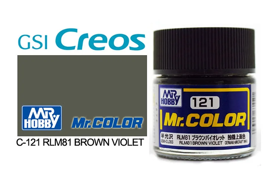 A bottle of Mr. Color RLM81 Brown Violet semi-gloss acrylic paint, showing the product label and a color swatch.
