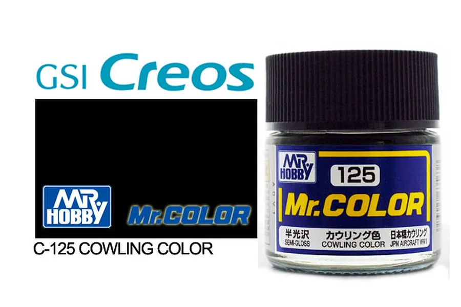 A 10ml glass jar of Mr. Color Cowling Color semi-gloss paint by Mr. Hobby, featuring a black lid and a blue and yellow label.
