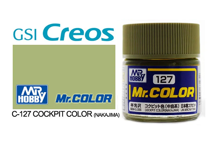 A 10ml jar of Mr. Color Cockpit (Nakajima) semi-gloss paint, showing the olive green color swatch and product branding.