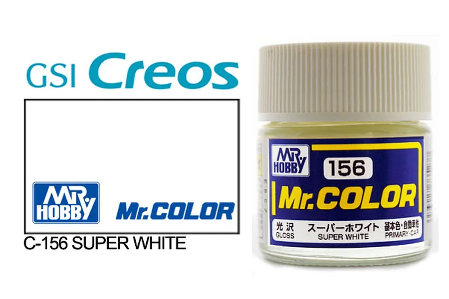 A bottle of Mr. Color Super White IV gloss acrylic paint, showing the product label with the number 156 and GSI Creos branding.