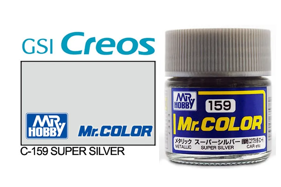 A 10ml glass jar of Mr. Hobby Mr. Color Super Silver metallic paint with a grey cap, shown alongside a product label graphic.