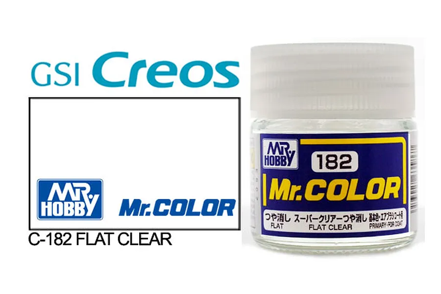 A 10ml glass jar of Mr. Hobby Mr. Color C-182 Flat Clear acrylic paint, shown with brand logos and product text on a white background.