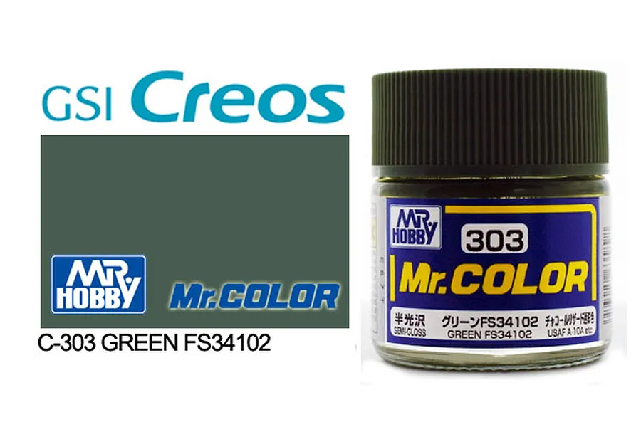A 10ml jar of Mr. Color Green FS34102 semi-gloss acrylic paint by GSI Creos, shown next to a color swatch and product branding.
