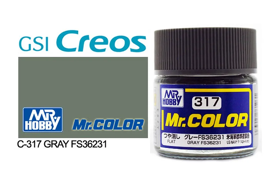 A 10ml jar of Mr. Color Grey FS36231 flat acrylic paint by Mr. Hobby, shown next to a color swatch and brand logos.