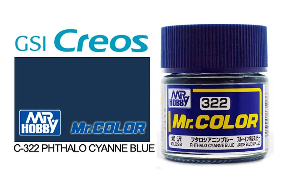 A 10ml glass jar of Mr. Color Phthalo Cyanne Blue gloss acrylic paint, showing the blue cap and label with product number 322.
