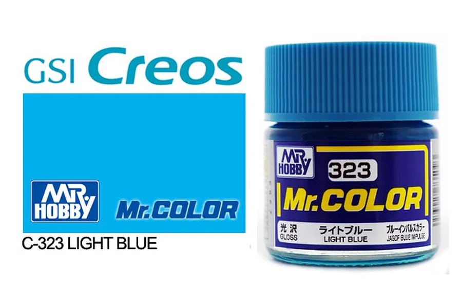 A 10ml jar of Mr. Color Light Blue gloss acrylic paint by Mr. Hobby, featuring a blue cap and a label with the number 323.