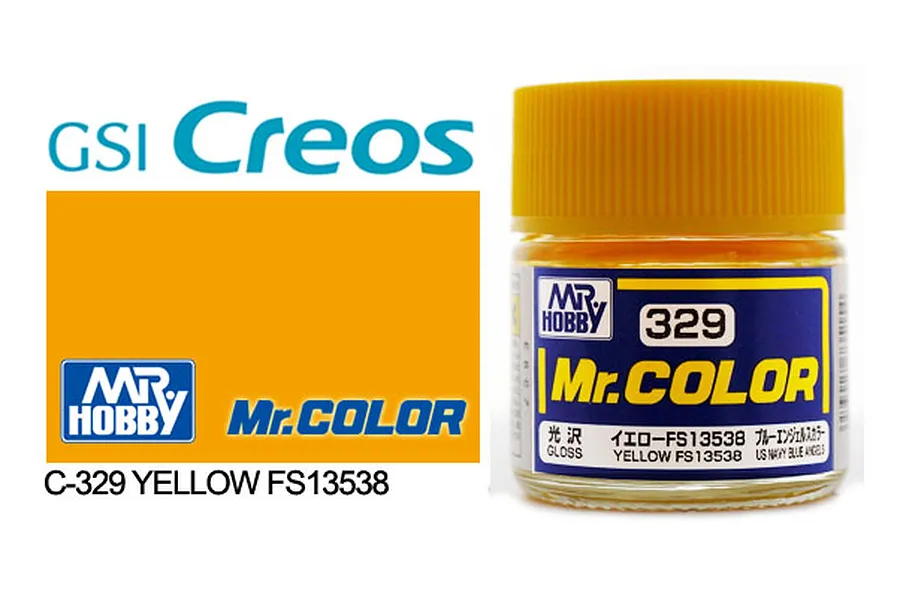 A 10ml jar of Mr. Color Yellow FS13538 gloss paint by Mr. Hobby, shown next to a color swatch and branding.