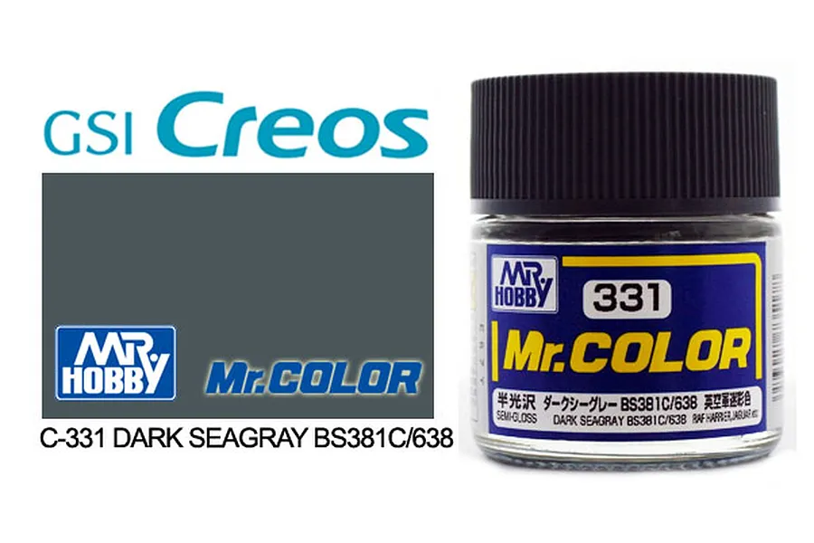A 10ml jar of Mr. Color Dark Sea Grey BS381/C638 semi-gloss acrylic paint, showing the brand logo and product details.