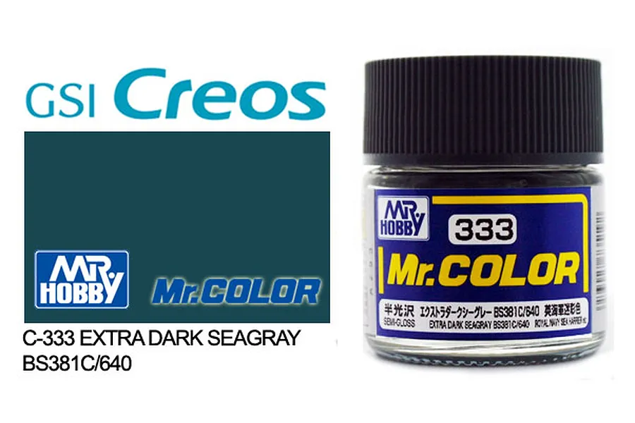 A 10ml bottle of Mr. Color Extra Dark Sea Grey (C-333) acrylic paint with a black cap, alongside a color swatch and GSI Creos branding.