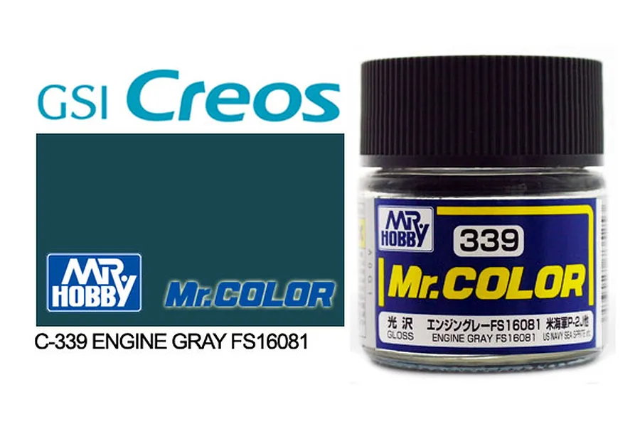 A 10ml jar of Mr. Color Engine Grey FS16081 gloss acrylic paint, showing the product label and a color swatch.