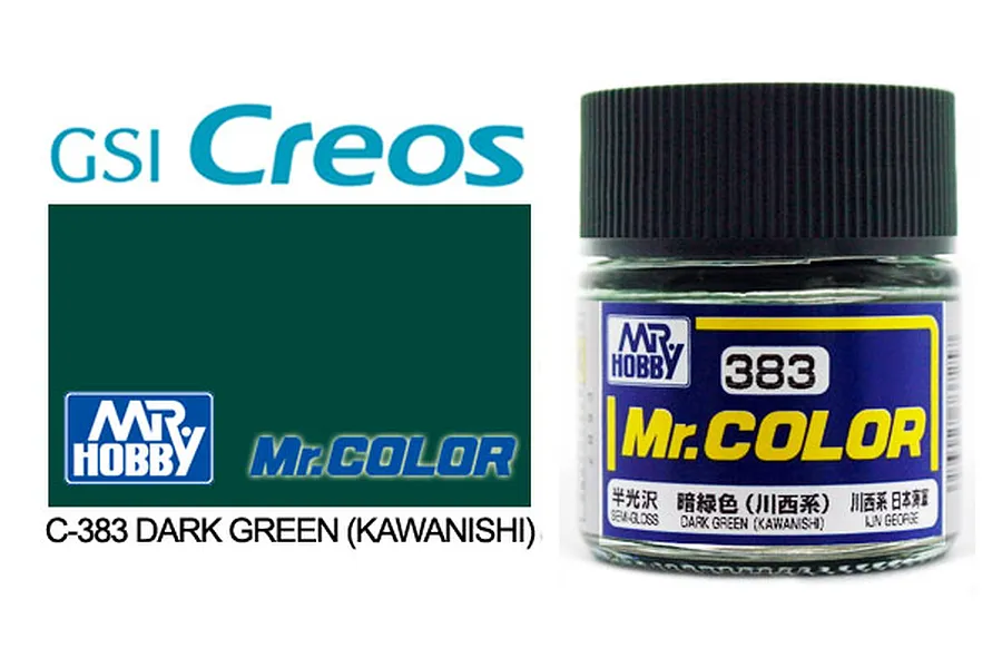 A bottle of Mr. Color Dark Green (Kawanishi) model paint, SKU C383, shown next to a color swatch and branding.