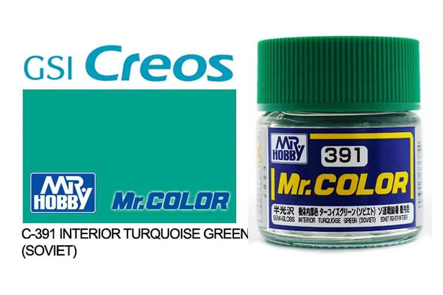 A bottle of Mr. Color C-391 Russian Interior Turquoise Green paint next to a color swatch and brand logos.