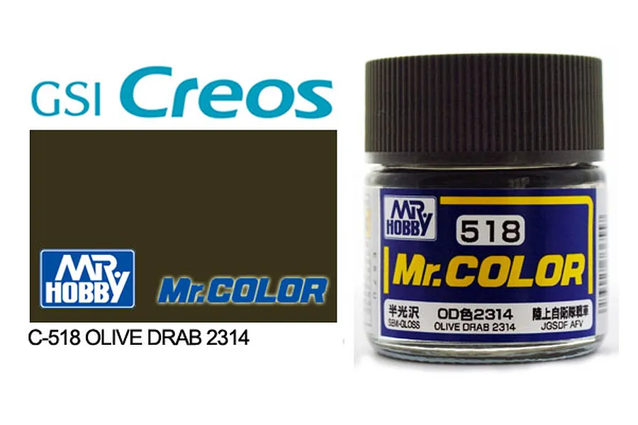 A bottle of Mr. Hobby Mr. Color Olive Drab 2314 acrylic paint, showing the label with the product number 518 and a color swatch.
