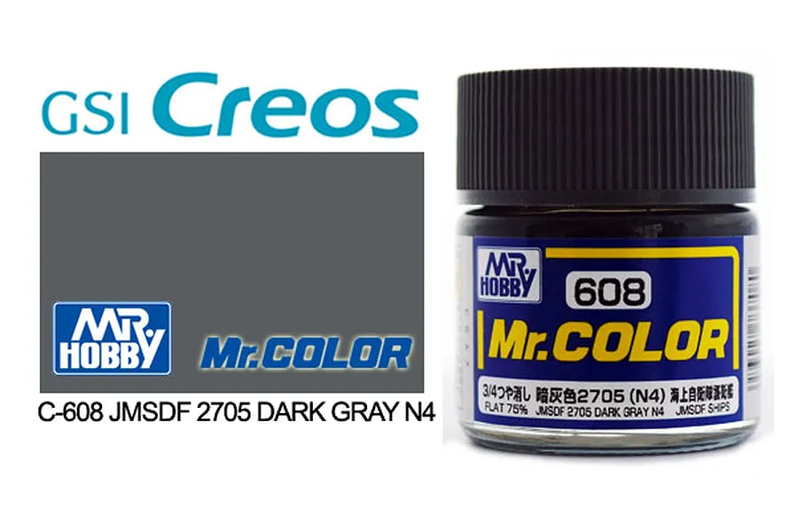 A bottle of Mr. Color JMSDF 2705 Dark Gray N4 acrylic paint, showing the brand logo, product number C608, and a color swatch.