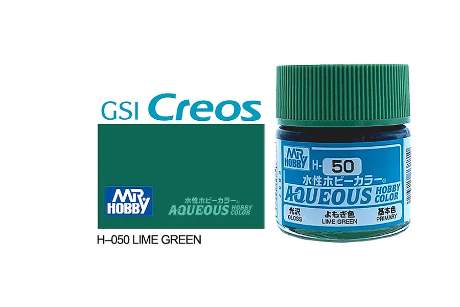 A 10ml jar of Mr Hobby Aqueous Gloss Lime Green acrylic paint, showing the green cap and label with H-50 branding.