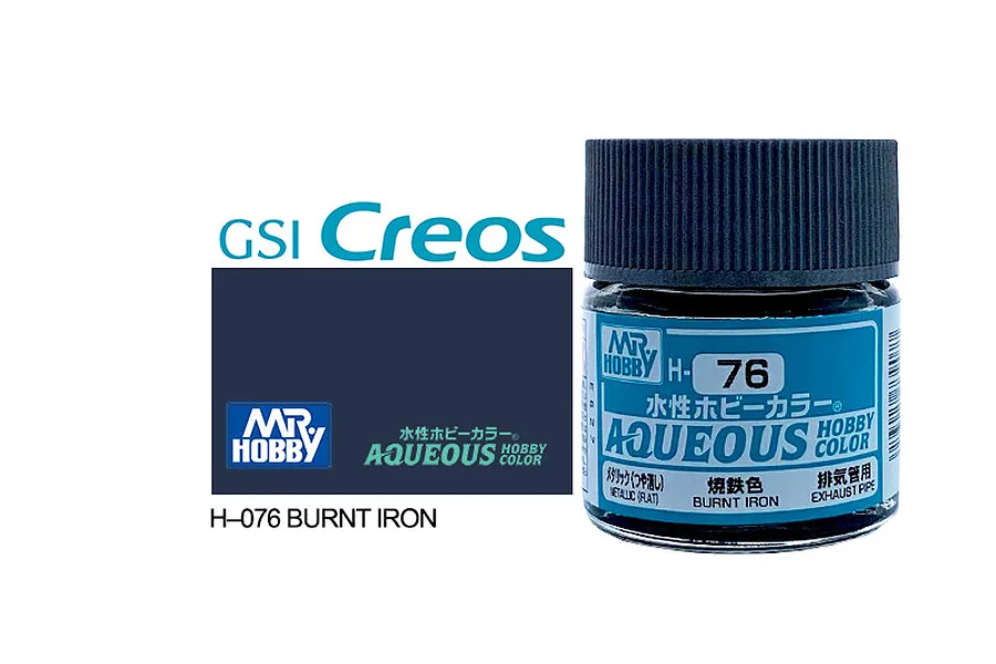 A 10ml jar of Mr. Hobby Aqueous Metallic Burnt Iron paint, H-76, featuring a blue label and black cap against a white background.