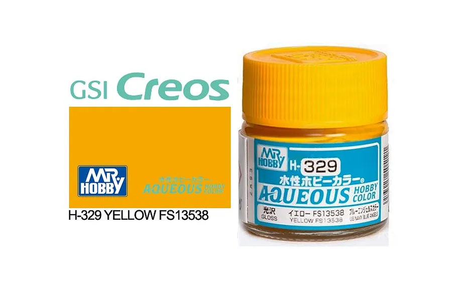 A 10ml jar of Mr. Hobby Aqueous Gloss Yellow FS13538 acrylic paint with a yellow cap, shown next to a color swatch graphic.