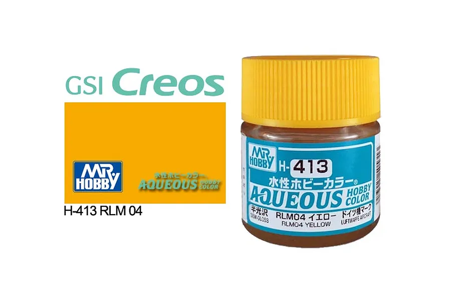 A 10ml jar of Mr. Hobby Aqueous RLM04 Yellow semi-gloss acrylic paint with a yellow cap, shown next to a color swatch and branding.
