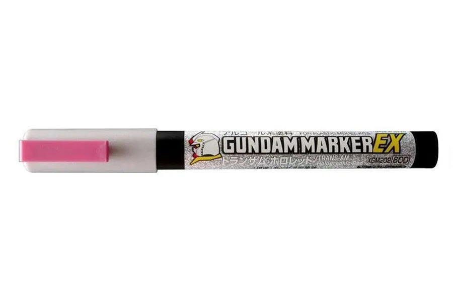 A Mr Hobby Gundam Marker EX in Trans-Am Holo Red, featuring a white body, pink cap clip, and silver label with Gundam branding.