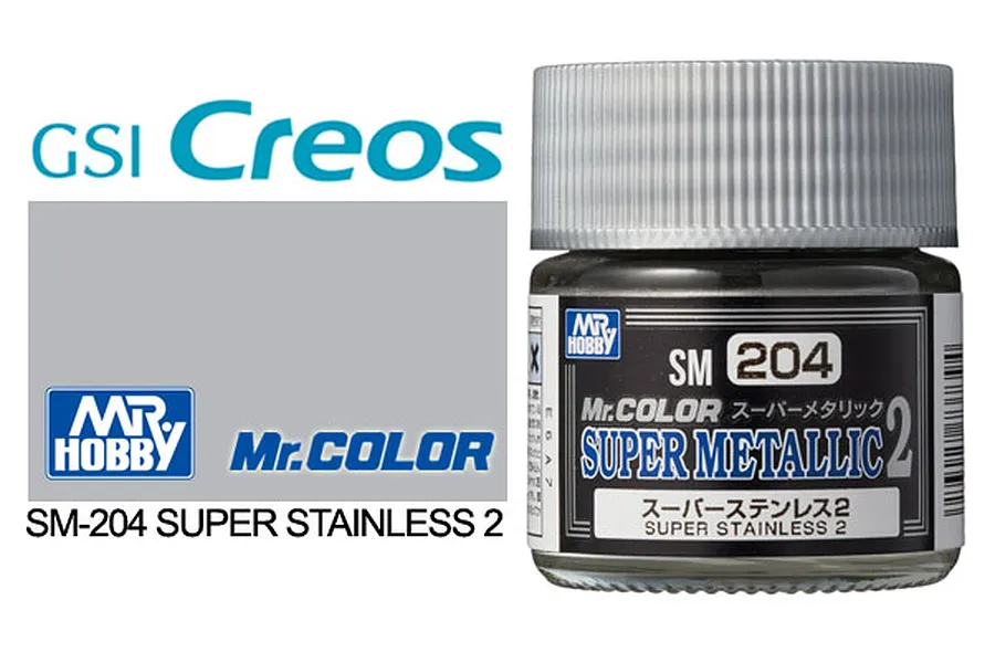 A 10ml jar of Mr. Hobby Super Metallic 2 Super Stainless 2 paint, model SM204, shown with brand logos and a grey color swatch.