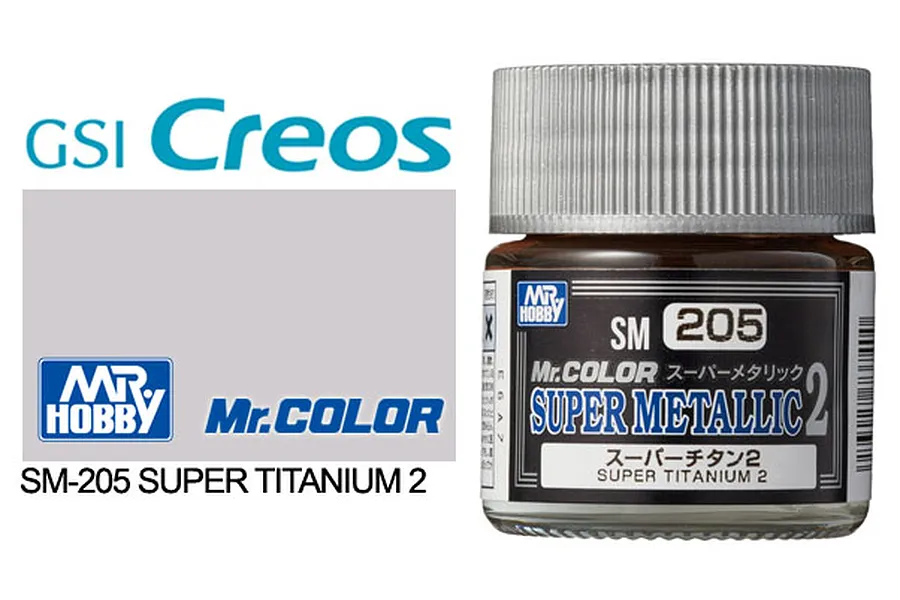 A 10ml glass jar of Mr. Hobby Super Metallic 2 Titanium paint, model SM205, featuring a silver screw-top lid and a black label with white and blue text.