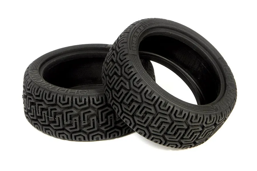 Two black HPI Racing 1.9 inch Pirelli T Rally RC car tyres with a distinct geometric tread pattern, shown against a white background.