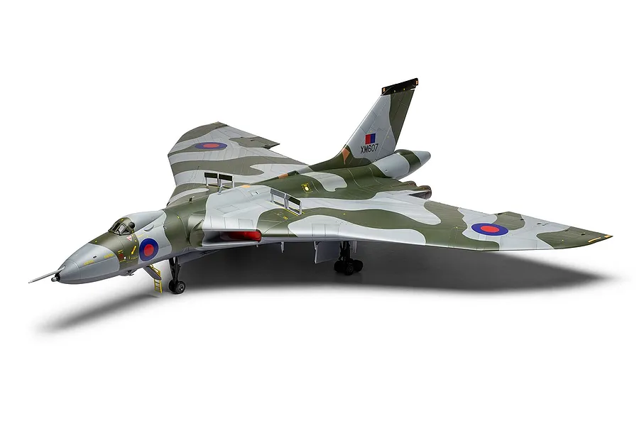 A fully assembled and painted 1/72 scale plastic model of an Avro Vulcan B.2 bomber in RAF camouflage, viewed from a front three-quarter angle.