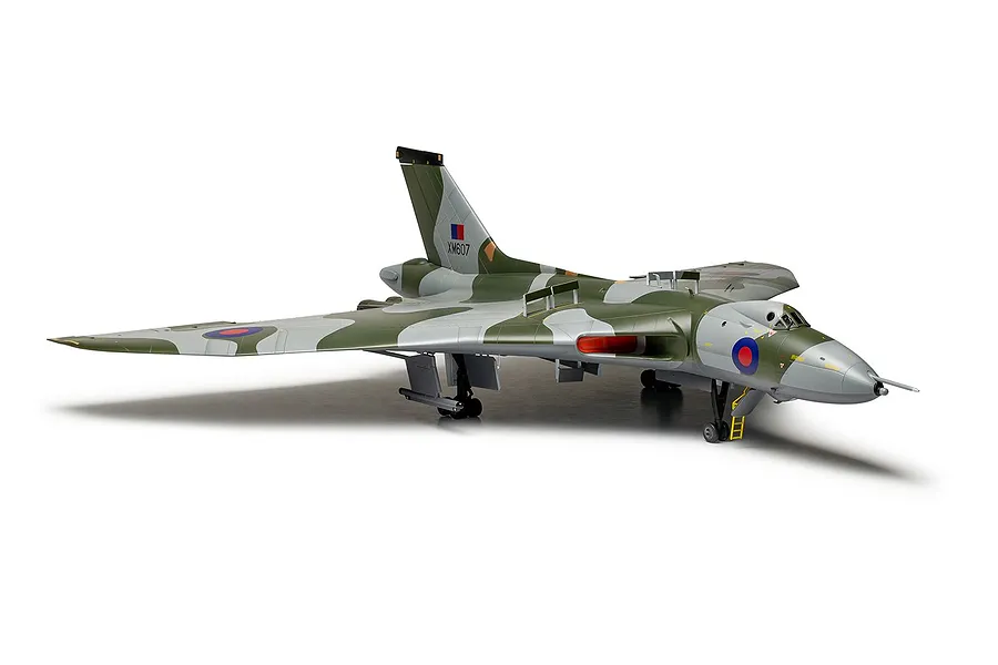 A completed 1/72 scale plastic model of an Avro Vulcan B.2 bomber in camouflage paint, featuring RAF roundels and XM607 markings on a white background.