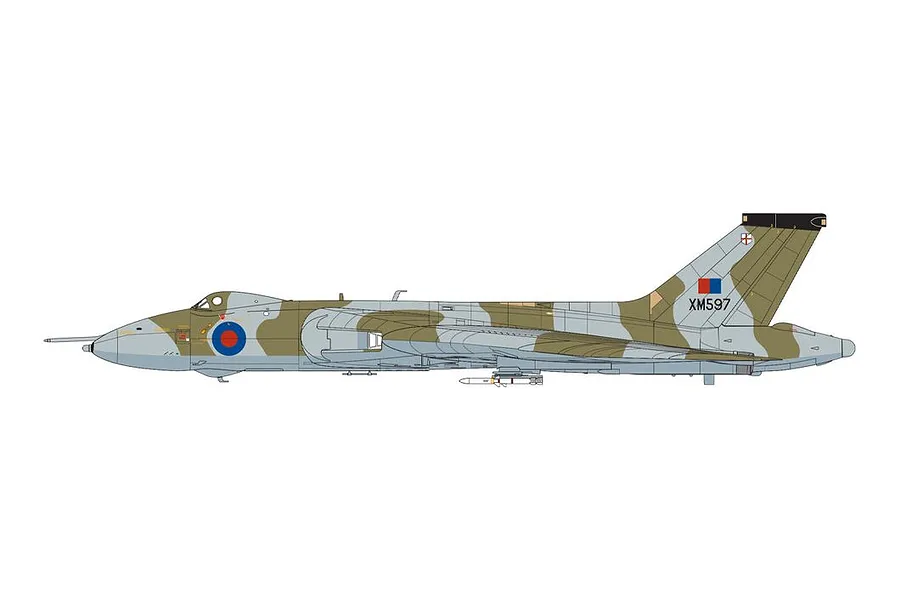A side-profile digital illustration of an Avro Vulcan B.2 bomber in camouflage livery with RAF markings and serial number XM597.