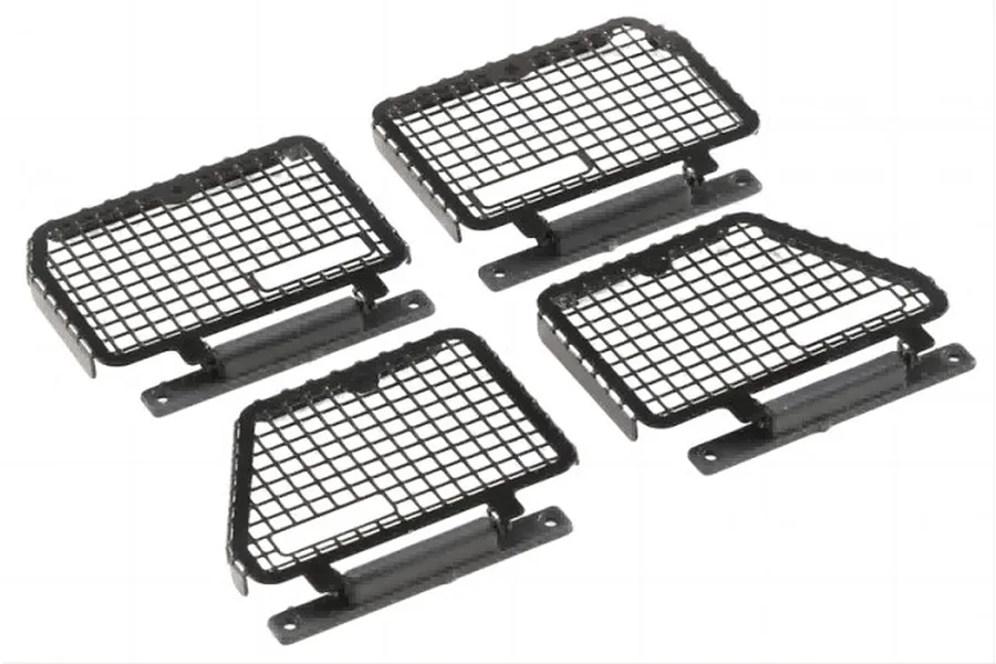 A set of four black stainless steel window guards for an RC vehicle, featuring a grid pattern and mounting brackets.