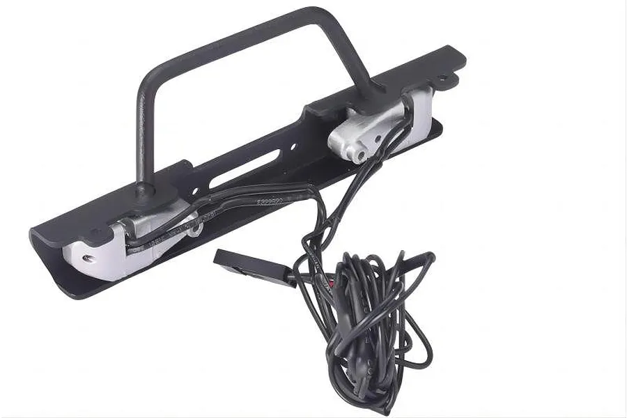 A black metal RC crawler bumper with an integrated bull bar and two LED light pods, featuring attached wiring and a connector.