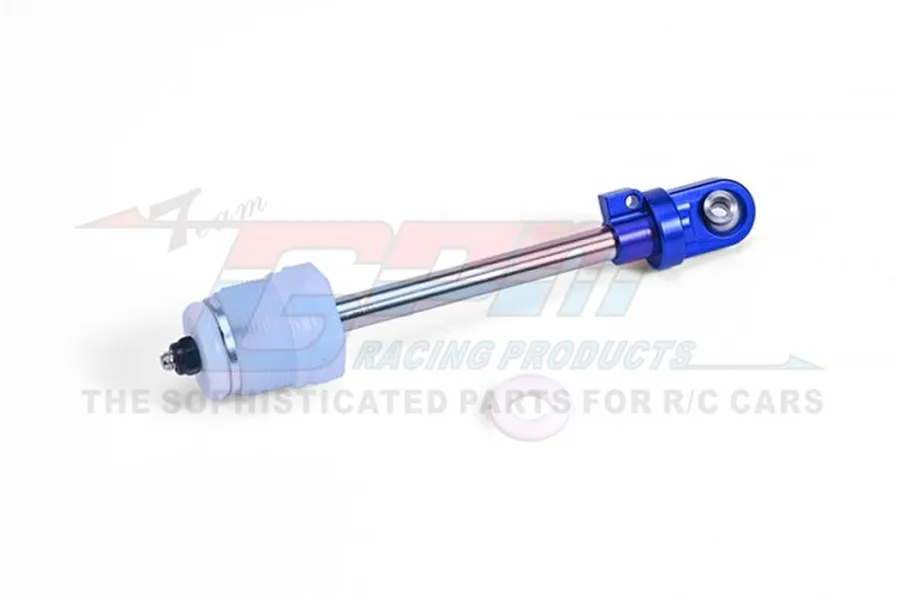 GPM Racing blue aluminium and steel shock absorber shaft for RC cars on a white background.