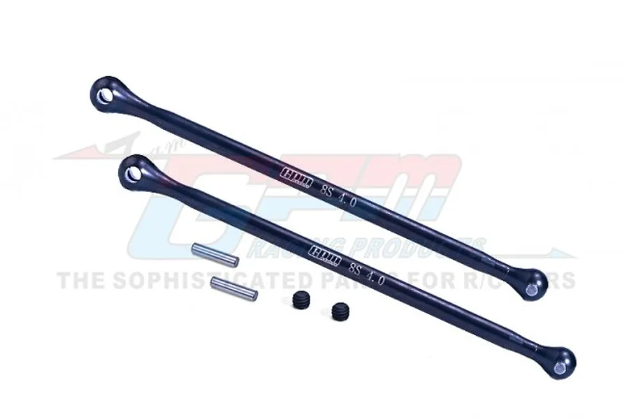 Two black GPM Racing medium carbon steel driveshafts with included pins and grub screws against a white background.