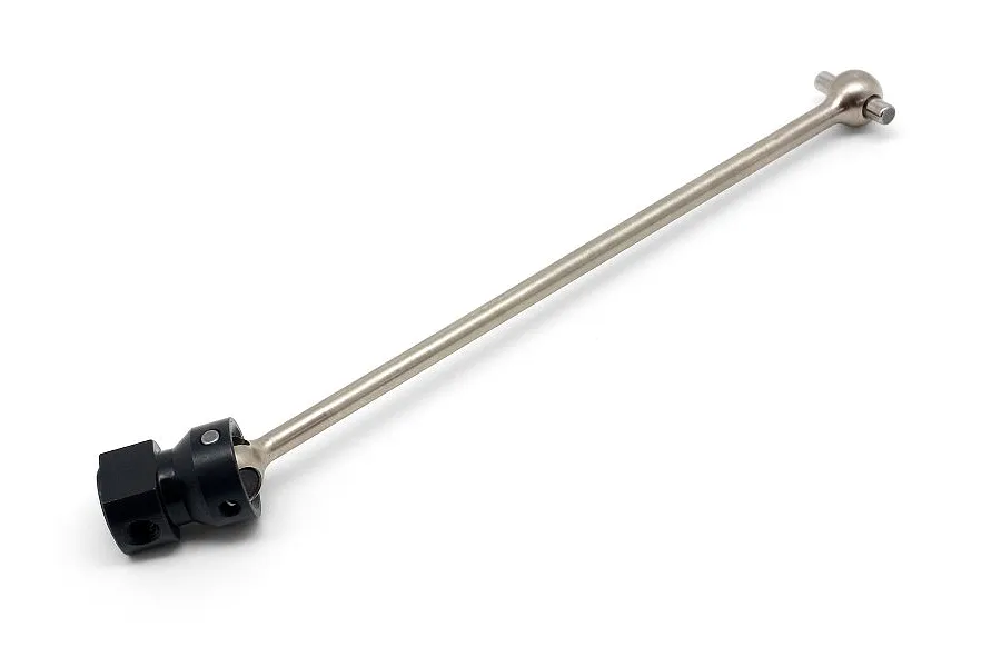 A silver and black metal RC centre drive shaft with a universal joint on one end, isolated against a white background.