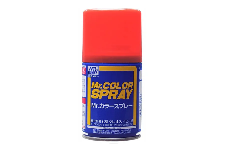A can of Mr. Color Spray paint with a bright red cap and blue label against a white background.