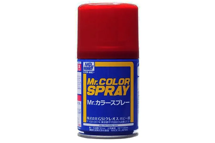 A can of Mr. Color Spray paint with a red cap and blue label, featuring yellow text branding.