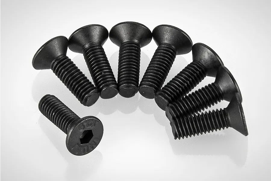 A set of eight black metal countersunk hex head screws arranged in a semi-circle on a white background.