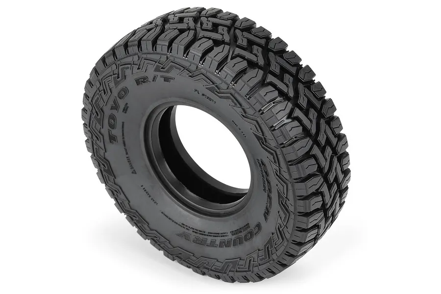 A single Pro-Line 1.9 inch Toyo Open Country R/T rock crawler tyre showing the aggressive tread pattern and sidewall branding.