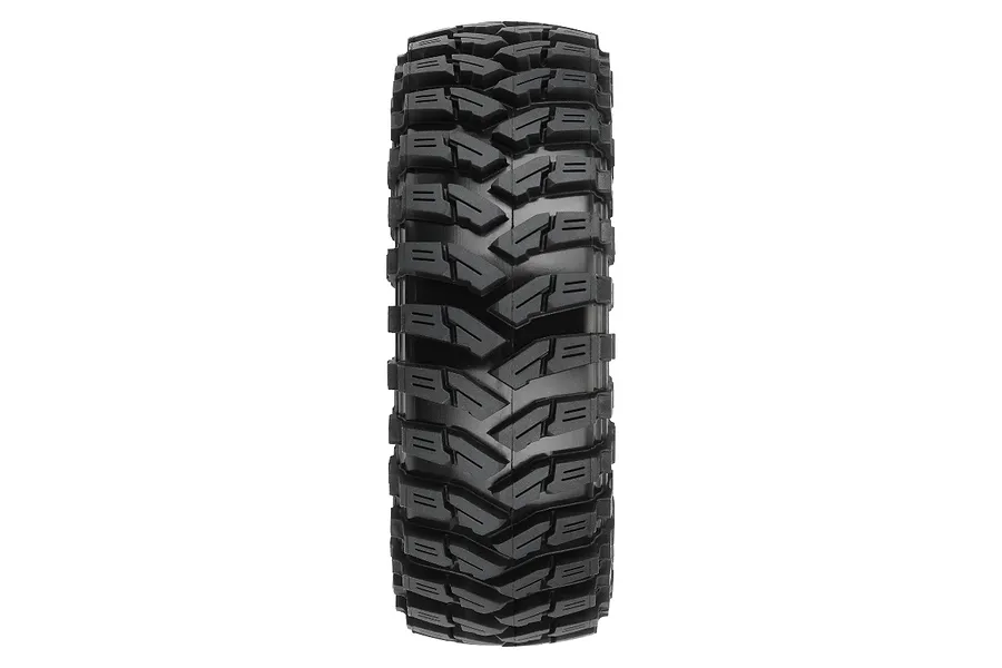 A front-facing view of a black Pro-Line Maxxis Trepador 1.9 inch RC rock crawling tyre with aggressive tread pattern.