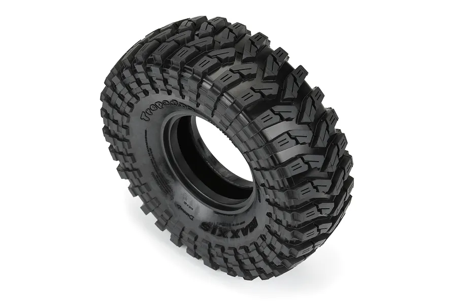 A single Pro-Line 1.9 inch Maxxis Trepador rock crawling tyre showing the aggressive tread pattern and sidewall branding.