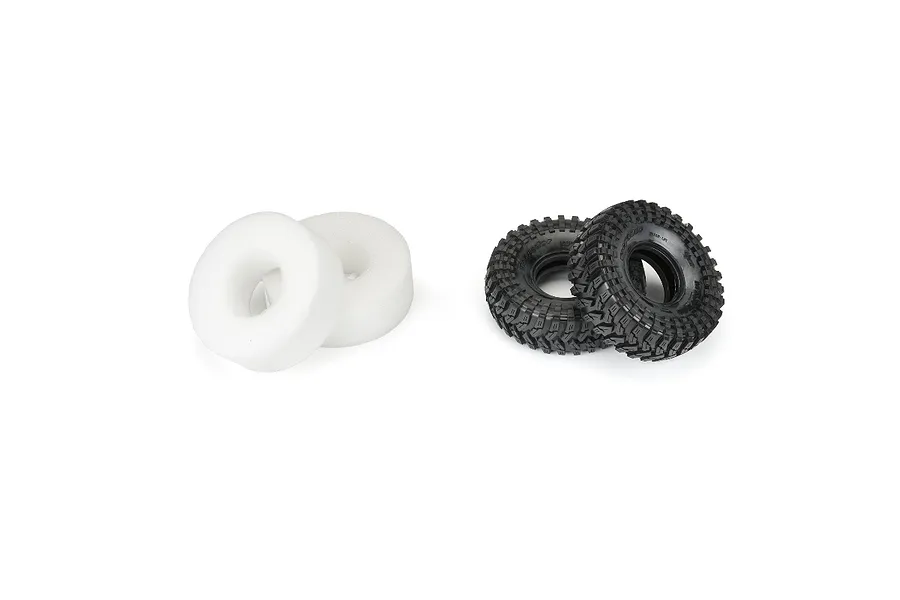 Two black Pro-Line Maxxis Trepador 1.9 inch RC crawler tyres and two white foam inserts arranged on a white background.