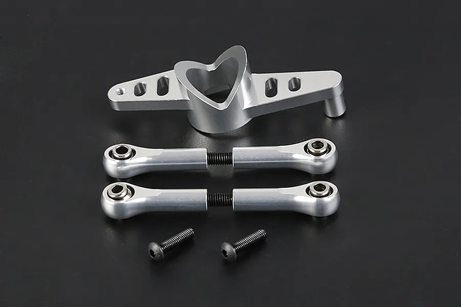 Rovan silver aluminium steering mount set including a central mount, two adjustable tie rods with ball ends, and two mounting screws.